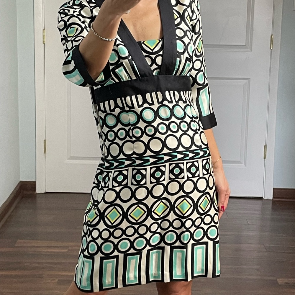 Milly 100% Silk Geo Print Elbow Sleeves Dress size 0 - Picture 4 of 14